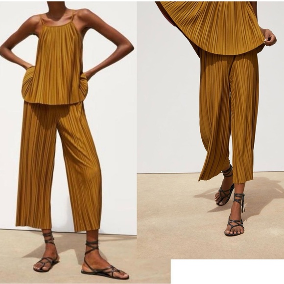 Zara golden mustard yellow pleated cropped wide leg culotte Palazo pants Sz m - Picture 11 of 11